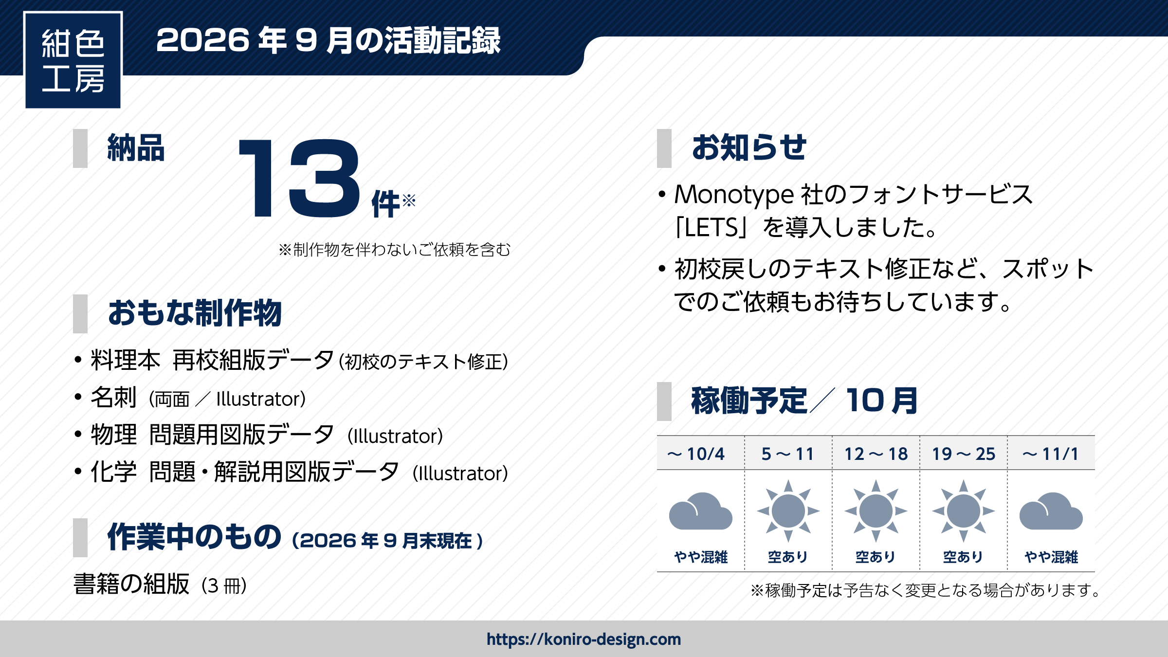 2026年9月の活動記録と10月の稼働予定